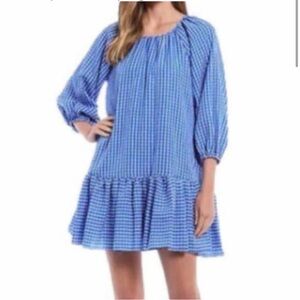 NEW NWT LDT Rachel Ruffle Seersucker Dress Blue White Plaid 3/4 Sleeve Shift 8